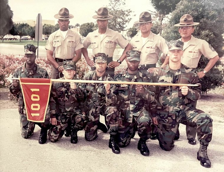 Eric Sanchez with United States Marine Corps Platoon 1001 and their drill instructors at MCRD San Diego